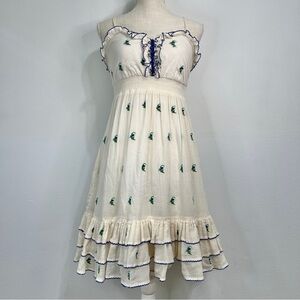 Floreat by Anthropologie Cream Floral Embroidered Dress with Ruffle Hem